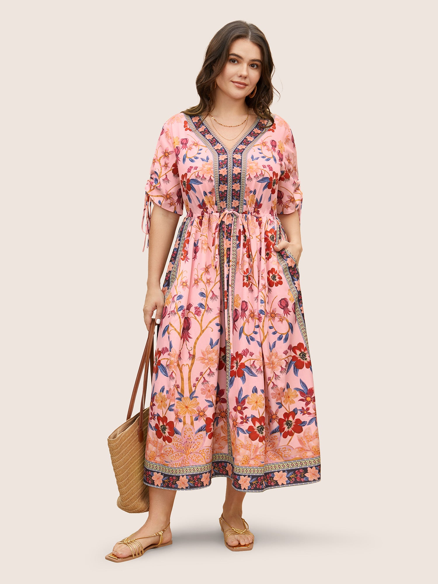 Boho Print V Neck Drawstring Dress