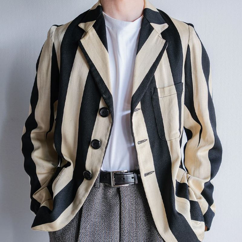 Men's Vintage Black and White Striped Single Breasted Suit Jacket