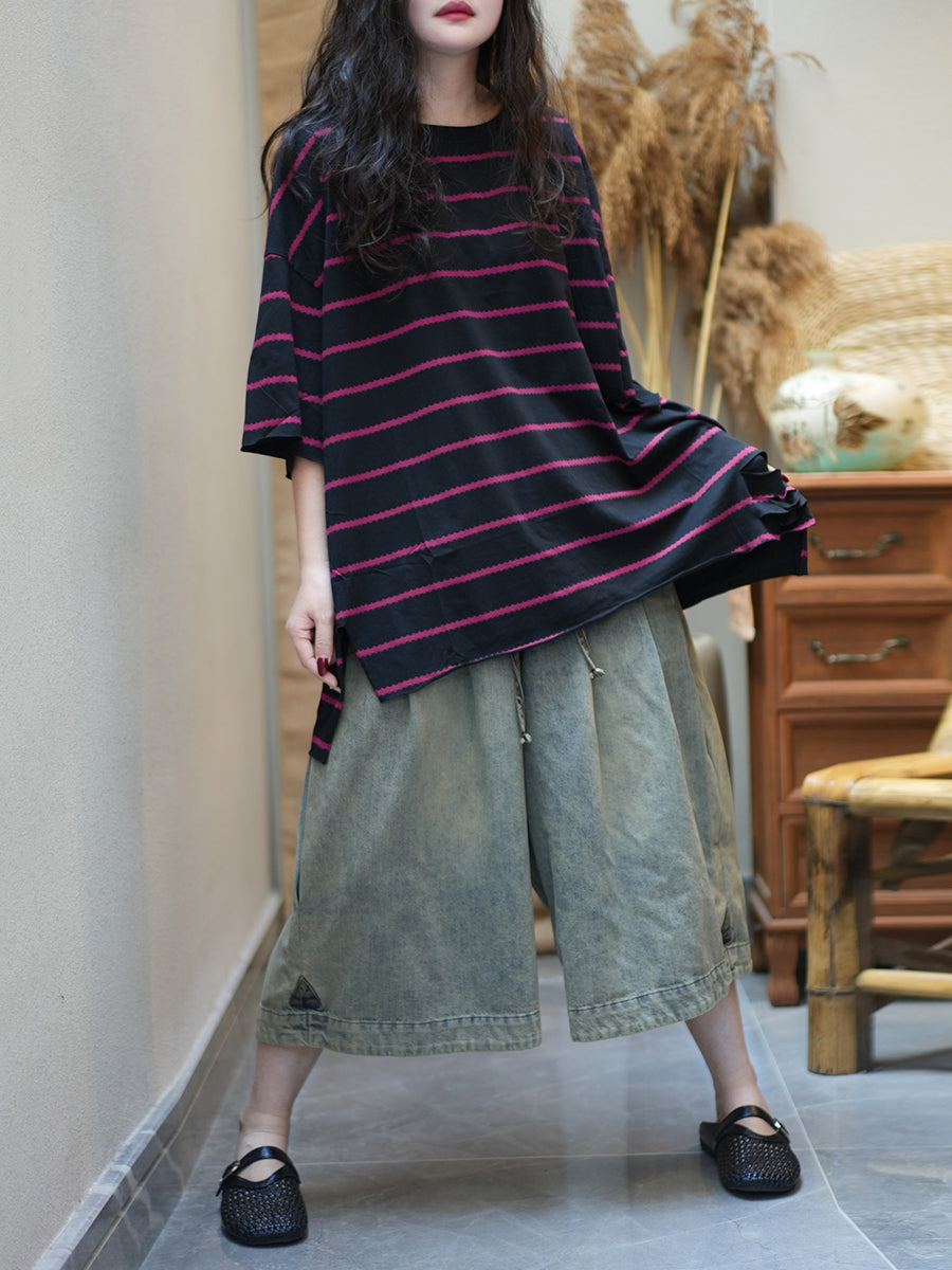 Women Summer Casual Stripe Cotton O-Neck Shirt