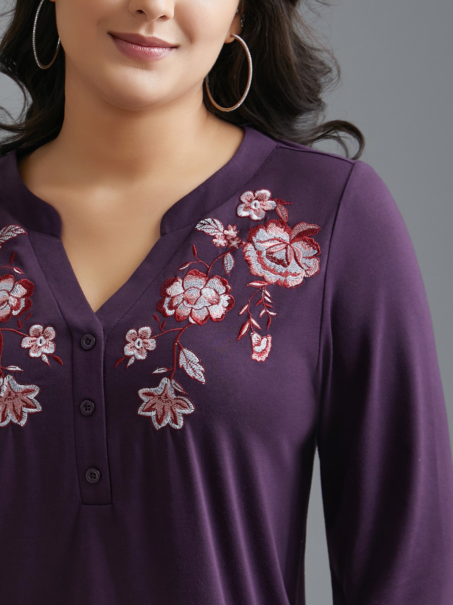Notched Floral Embroidered  Button Top