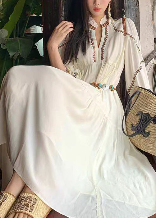 Elegant White Wrinkled Patchwork Cotton Long Dress Bracelet Sleeve