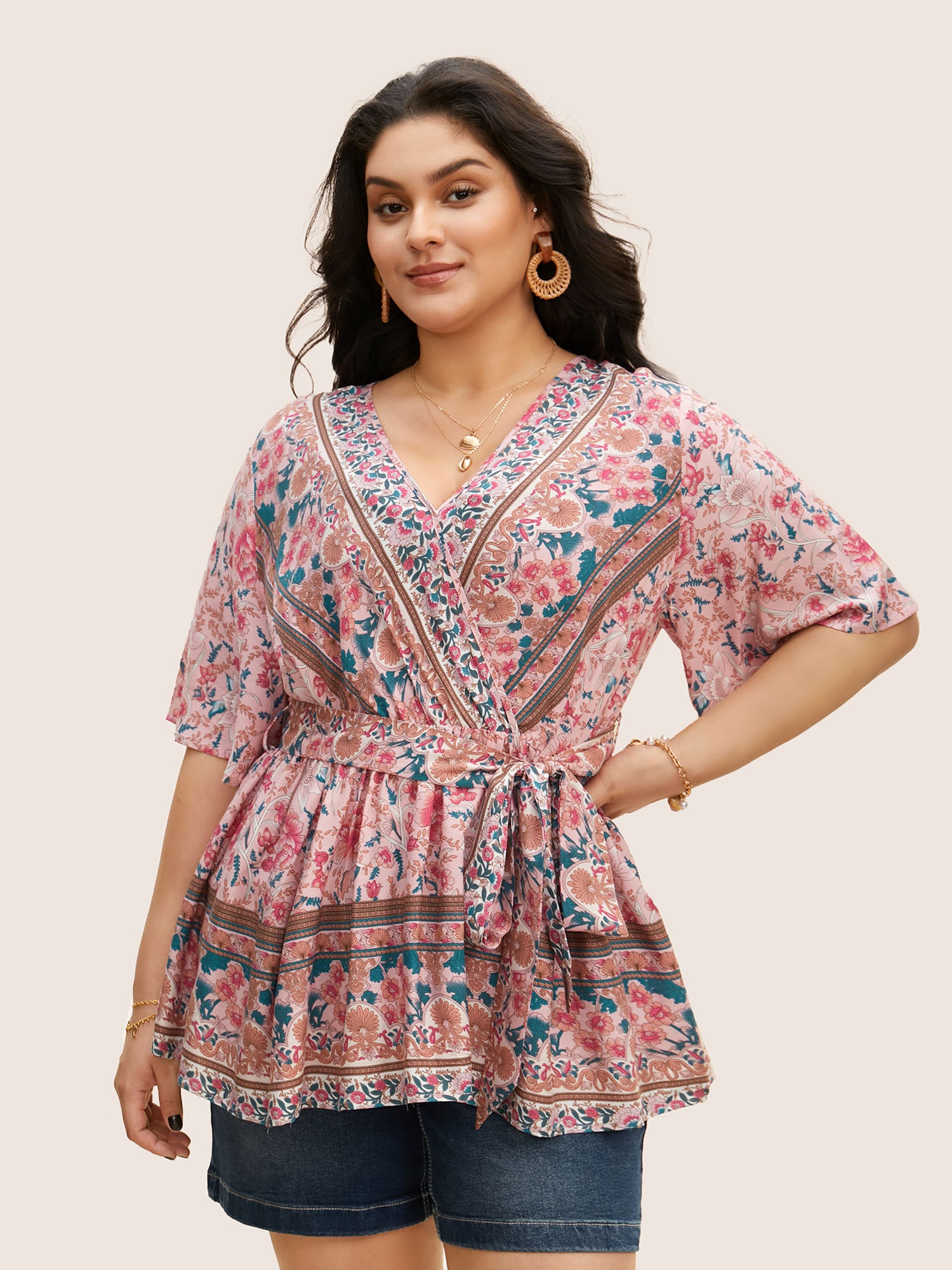 Floral Print Ruffles Belted Blouse
