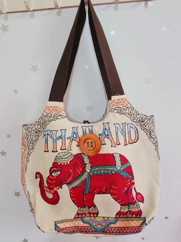 Women's Large Canvas Elephant Ethnic Style Square Zipper Shoulder Bag