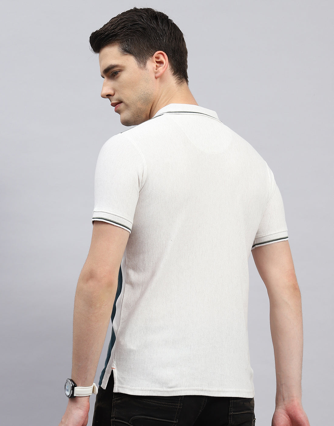 Men Off White Stripe Polo Collar Half Sleeve T-Shirt