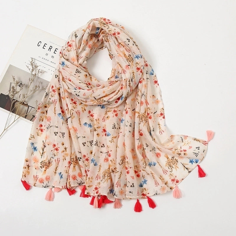 Women'S Sweet Flower Cotton And Linen Tassel Scarf