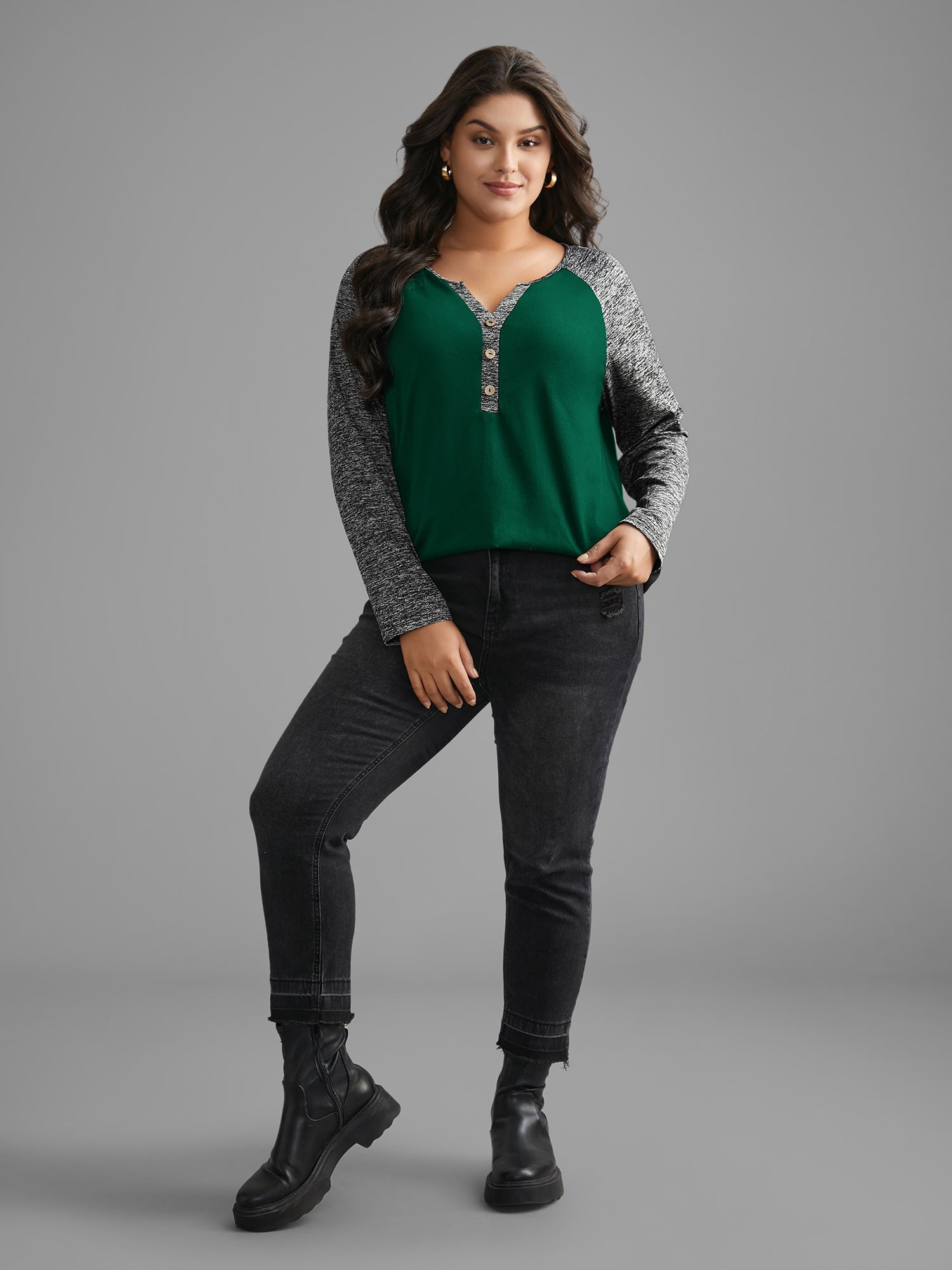 Heather Patchwork Button Detail Stretchy T-Shirt