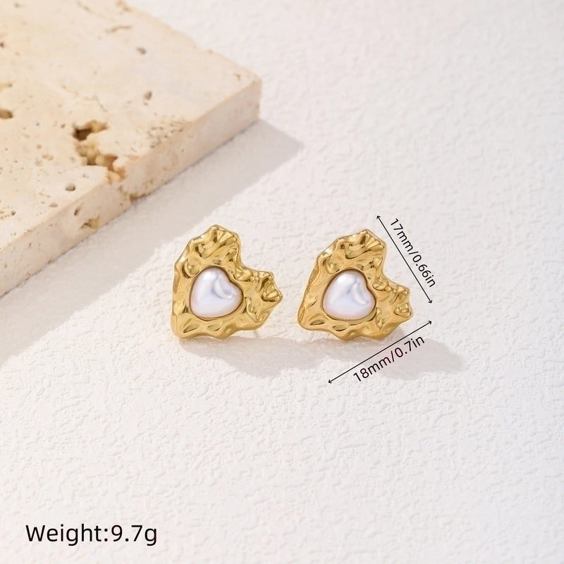 1 Pair Minimalist Water Droplets Heart Shape Plating Inlay Titanium Steel Artificial Pearls 18K Gold Plated Ear Studs