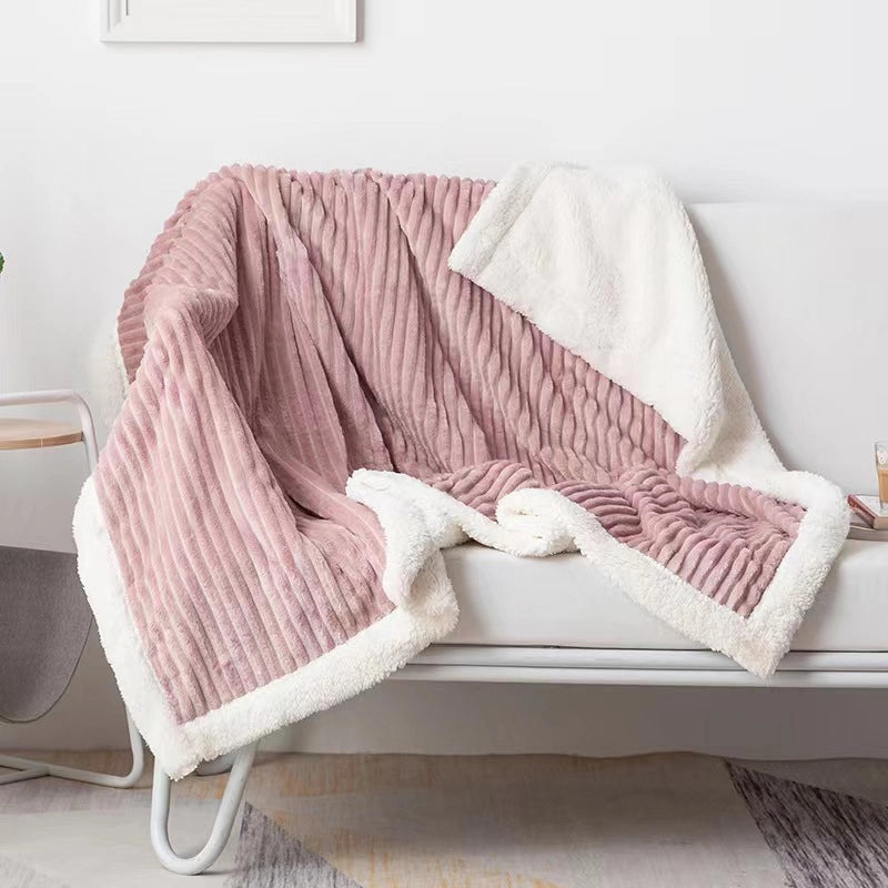 Plain Double Layer Lambskin Blanket Summer Flannel Blanket Striped Pattern Sofa Blanket Casual Nap Air-conditioning Blanket