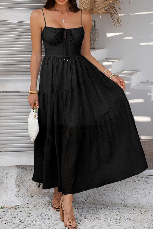 Fashion Solid Black Smocked Back Maxi Dress