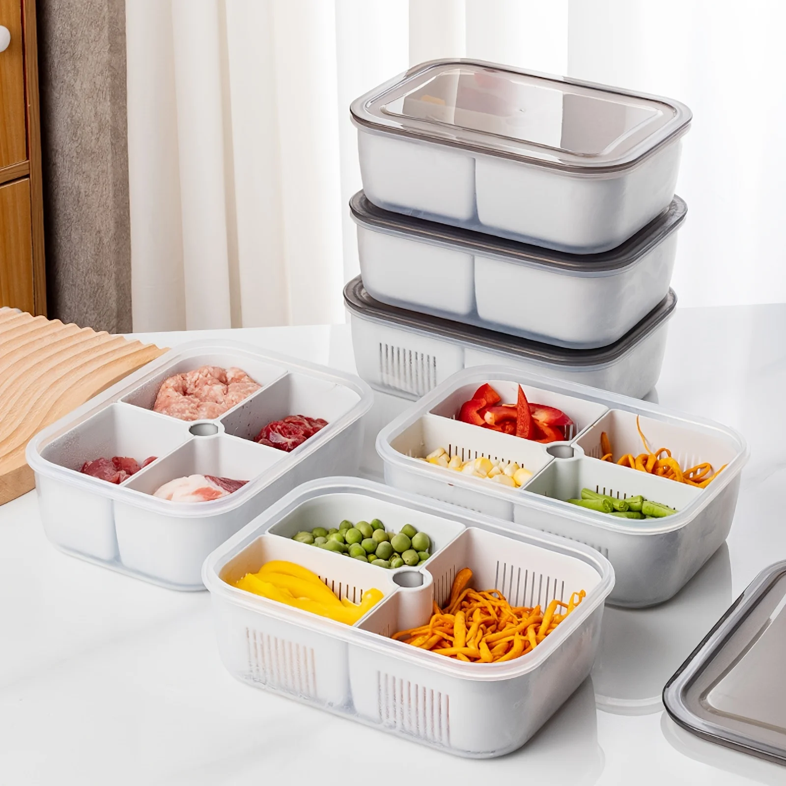 FRIDGE ORGANIZER. DIVIDED VEGETABLE & MEAT BOX. FOOD-GRADE. MICROWAVEABLE.