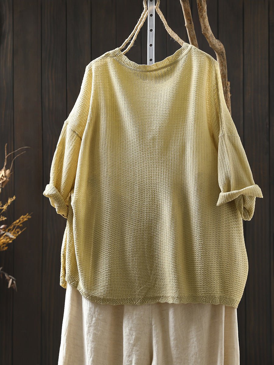 Women Summer Artsy Pure Color Knitted O-Neck Shirt