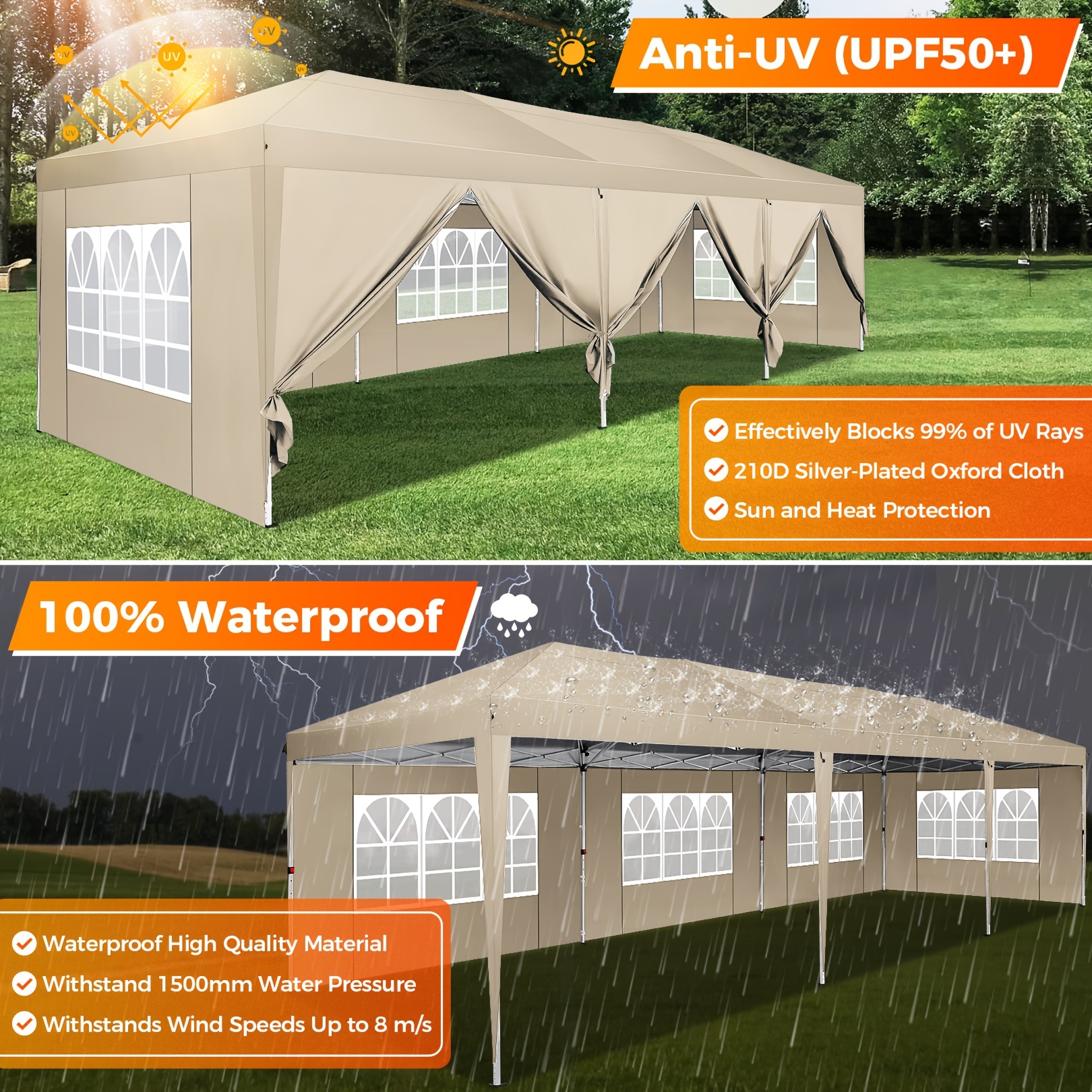 10*30 feet pop up tent with 8 removable side walls, waterproof, windproof and UV resistant