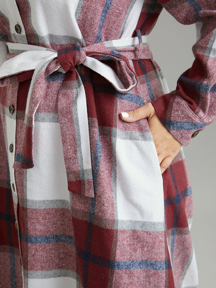 Plaid Shirt Collar Button Through Belted Dress