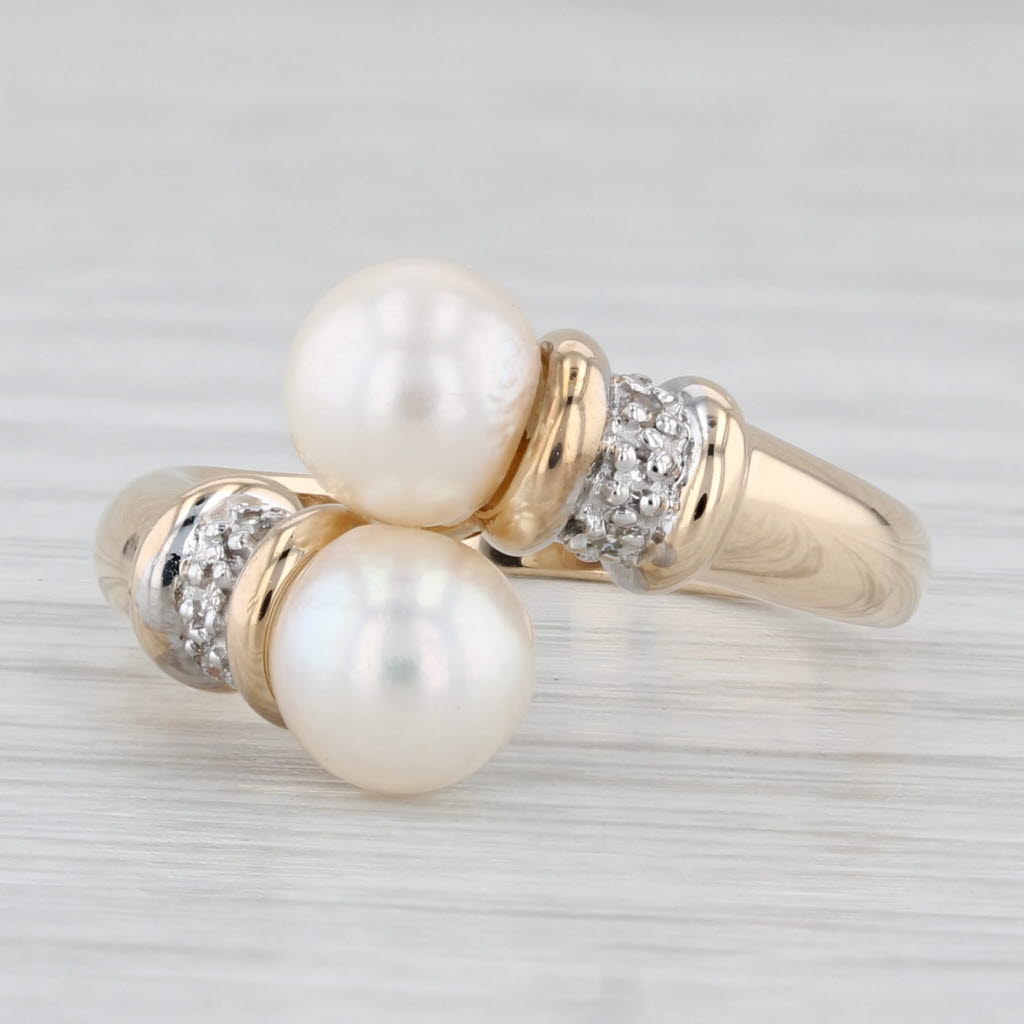 Cultured Pearl Diamond Bypass Ring 14k Yellow Gold Size 7