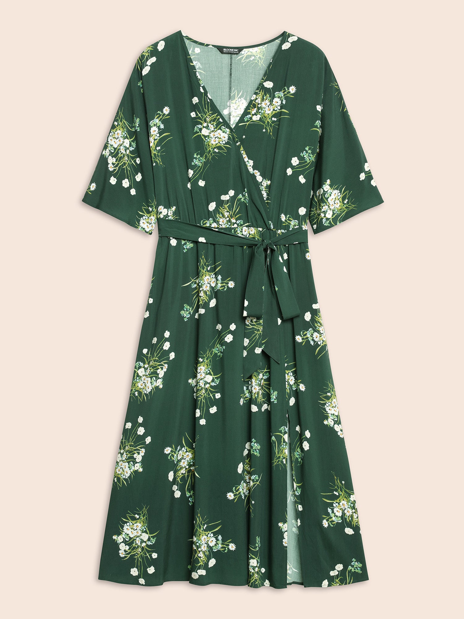 Floral Overlap Collar Split Hem Dress