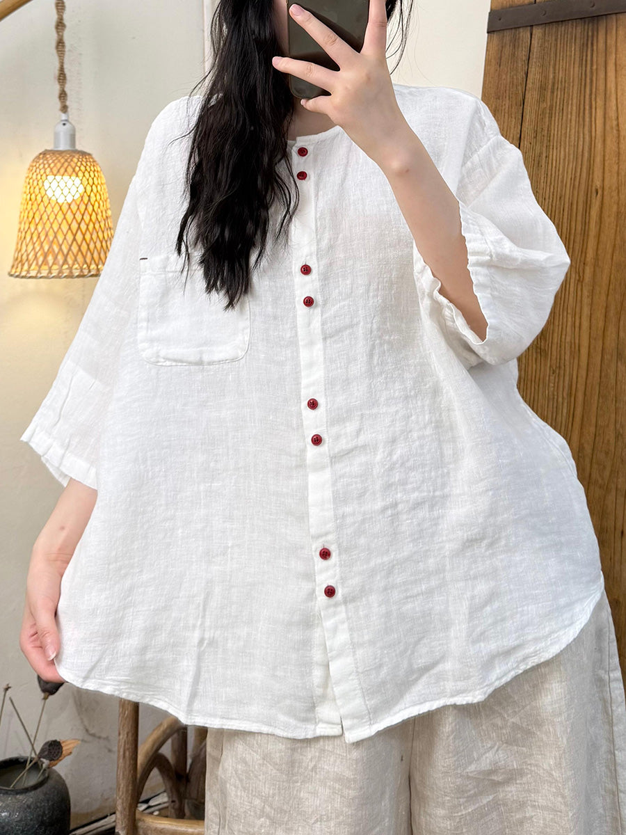 Women Summer Artsy Pure Color O-Neck 100%Linen Shirt