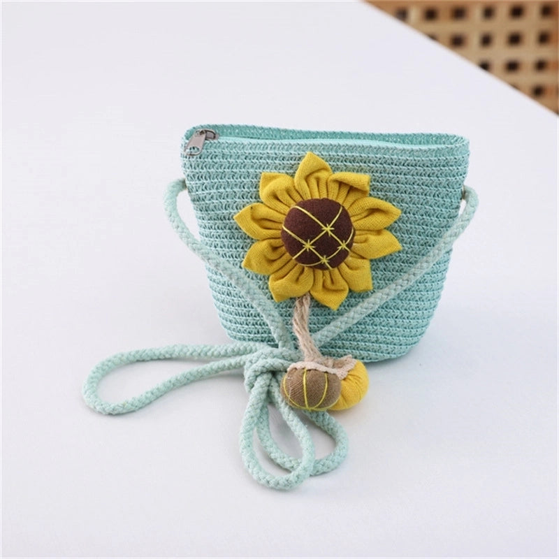Girl's Straw Flower Strawberry Bow Knot Cute Bucket Zipper Crossbody Bag