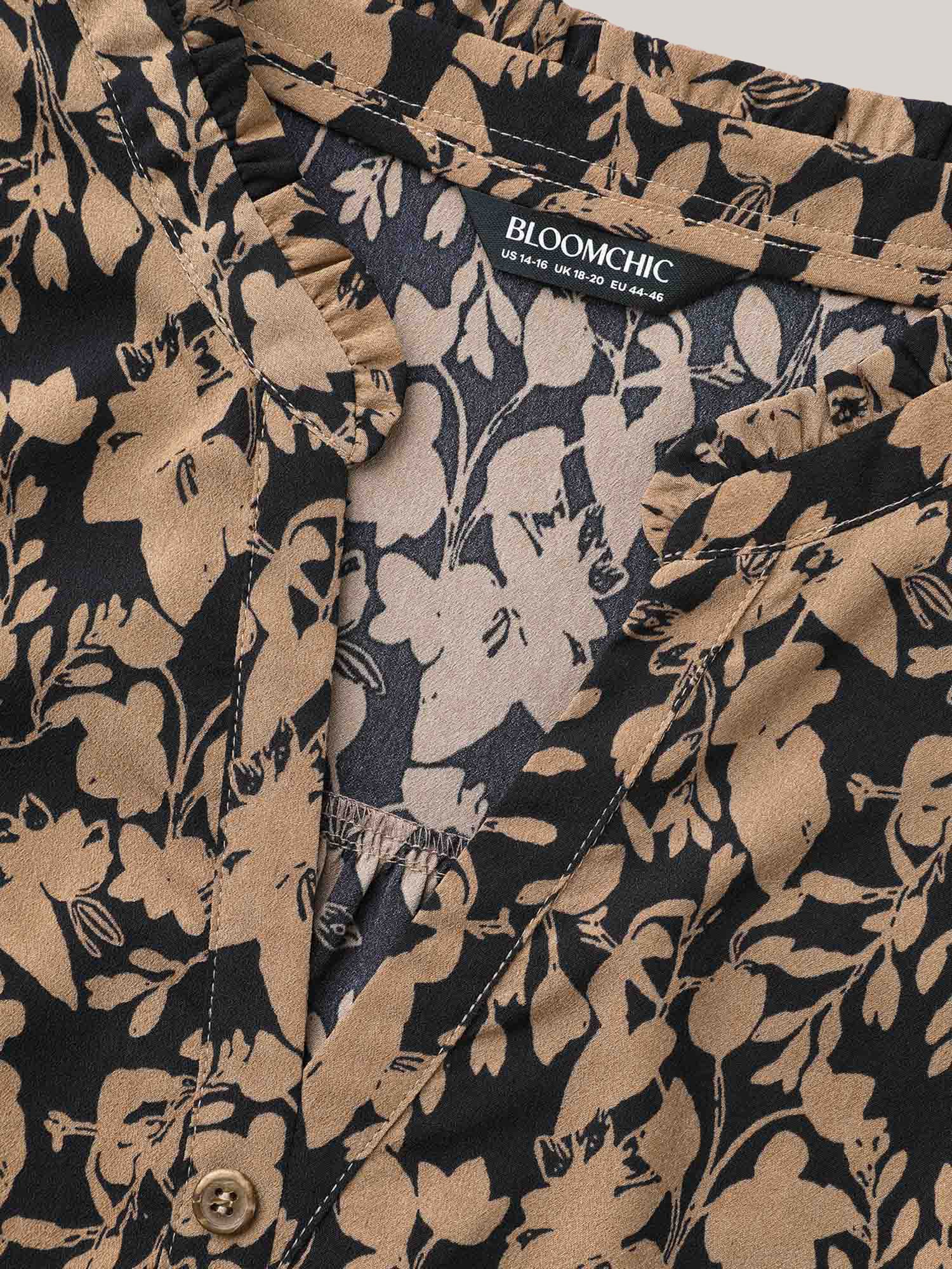 Silhouette Floral Print Notched Frill Trim Blouse