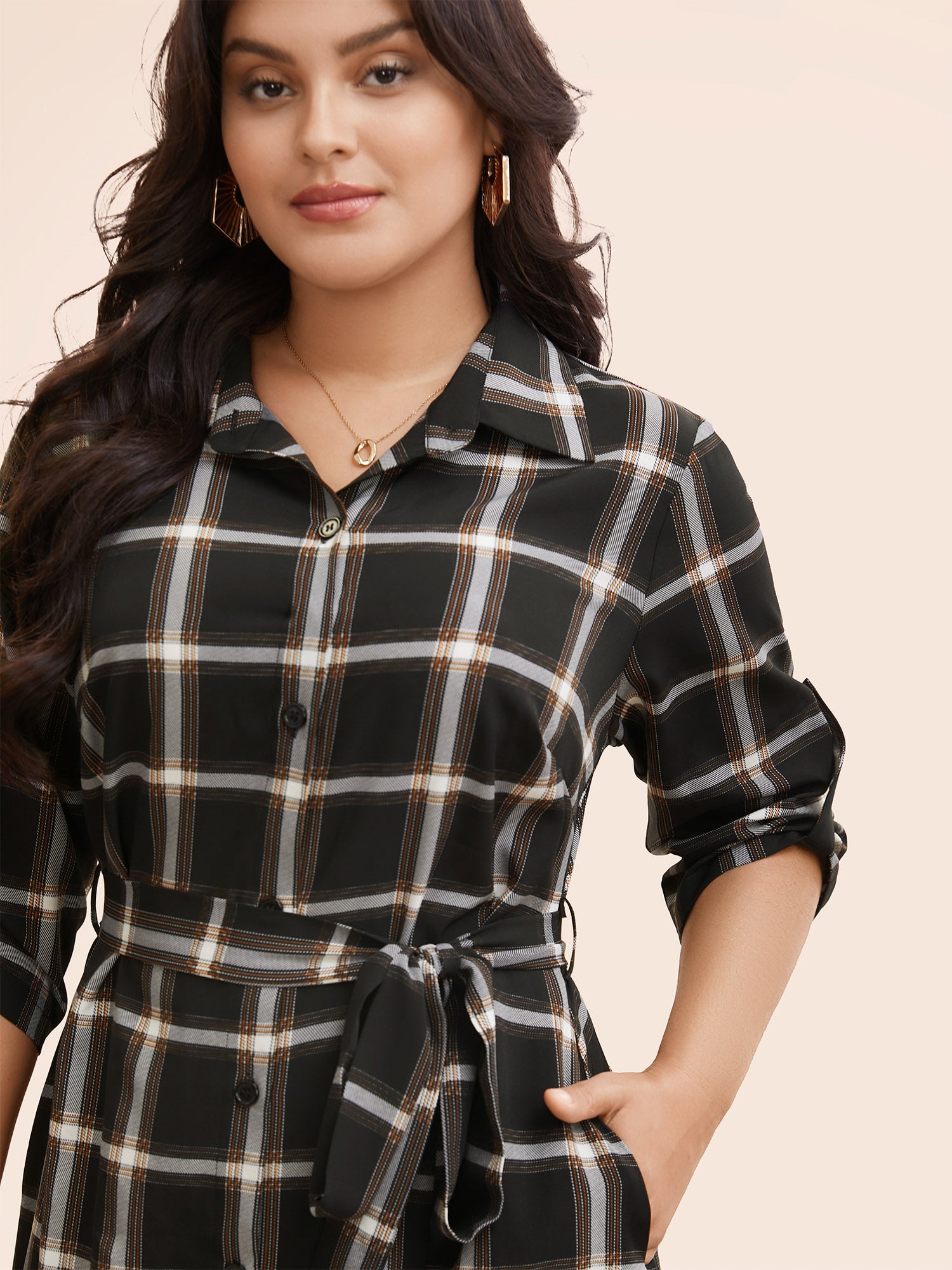 Plaid Shirt Collar Belted Tab Sleeve Dress