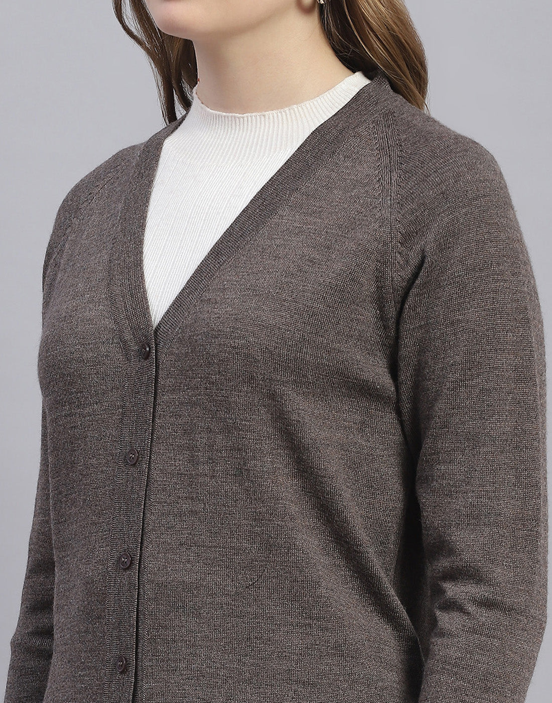 Women Grey Solid V Neck Full Sleeve Cardigan