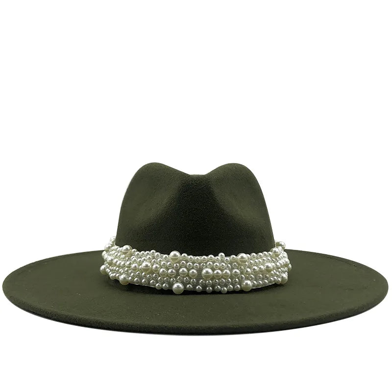 9.5cm Pearl Accessories Women's Woolen Hat Jazz Hat Autumn And Winter British Retro Top Hat Women