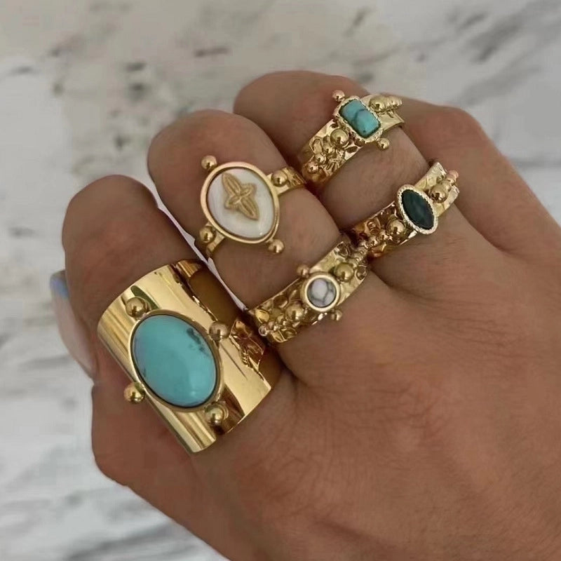 Fashion Round Square 304 Stainless Steel Artificial Gemstones 14K Gold Plated Plating Inlay Open Ring
