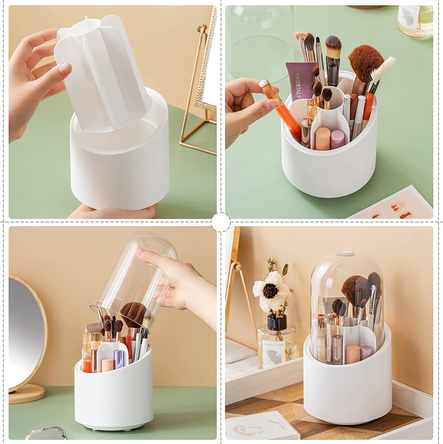 Makeup Brush Holder With Lid. Rotatable Clear Acrylic Makeup Brush Organizer Cup