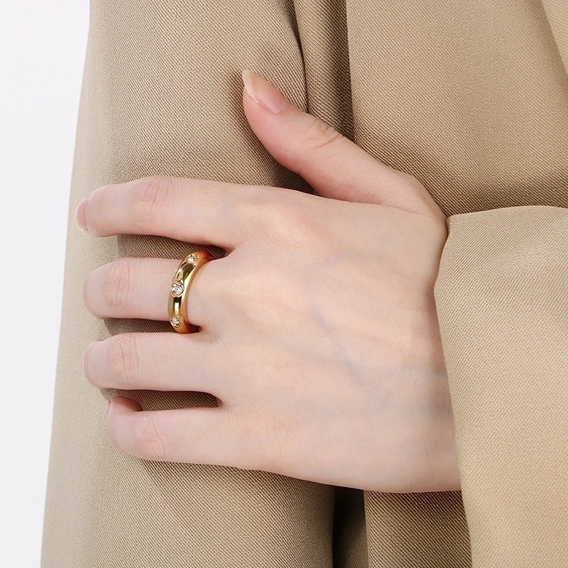 Minimalist Round 304 Stainless Steel Zircon 18K Gold Plated Inlay Rings