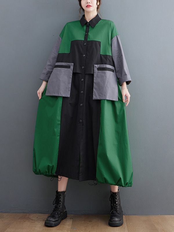 Vintage Loose Long Sleeves Contrast Color Polo Midi Dresses