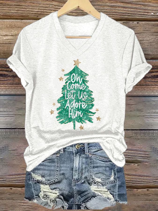 Women's Sequined Christmas Tree Print Casual T-shirt