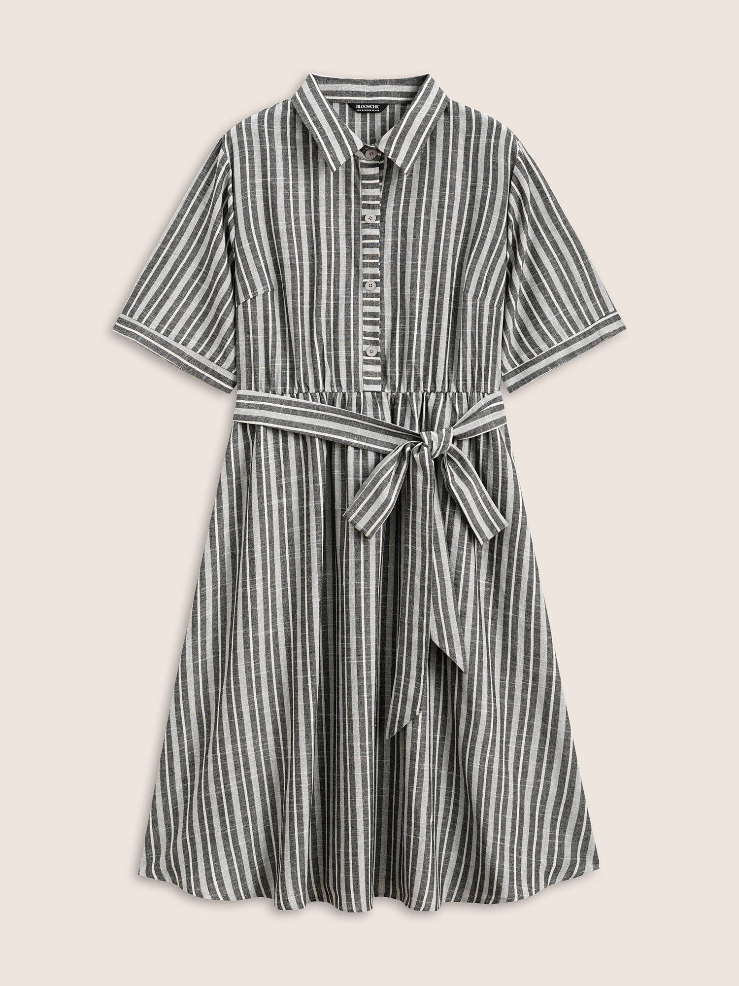 Shirt Collar Striped Button Up Belted Dress