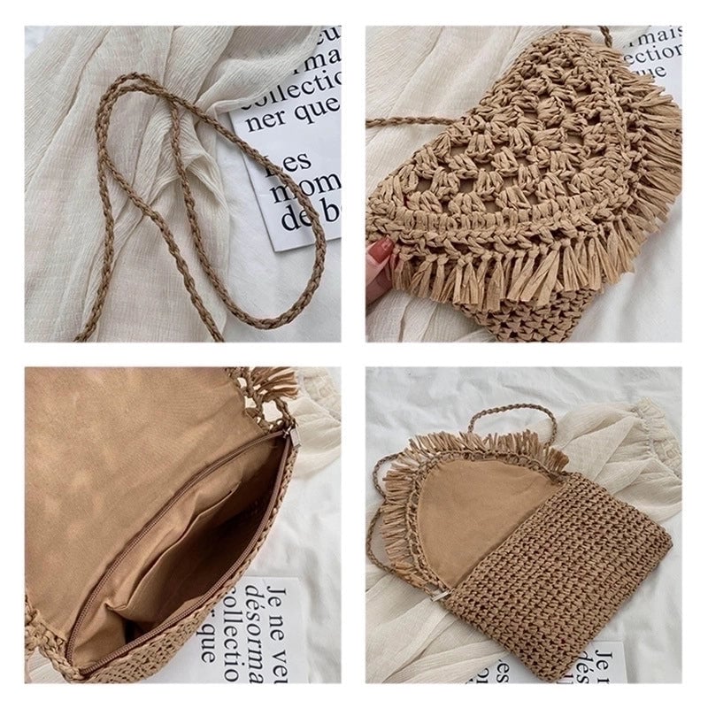 Women's Small Straw Solid Color Beach Weave Zipper Straw Bag