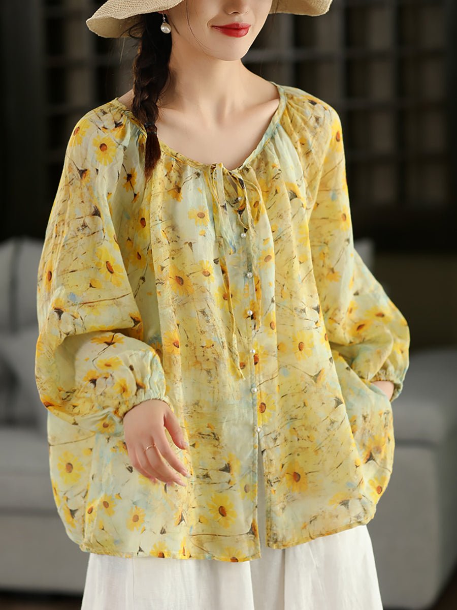 Women Summer Artsy Flower O-Neck 100%Raime Shirt