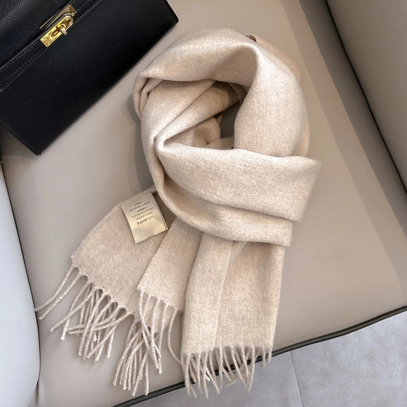 White Pure Wool Scarf Female Winter Student Warm Scarf New Versatile Tassel Narrow Scarf Couple