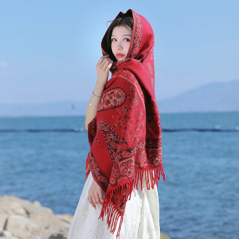 Red Ethnic Style Cashew Scarf Women's  Winter Thickened Shawl Travel Air Conditioning Blanket Scarf Cape