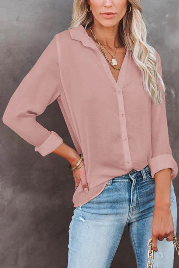 Casual Loose Long Sleeve Button V Neck Shirt Top