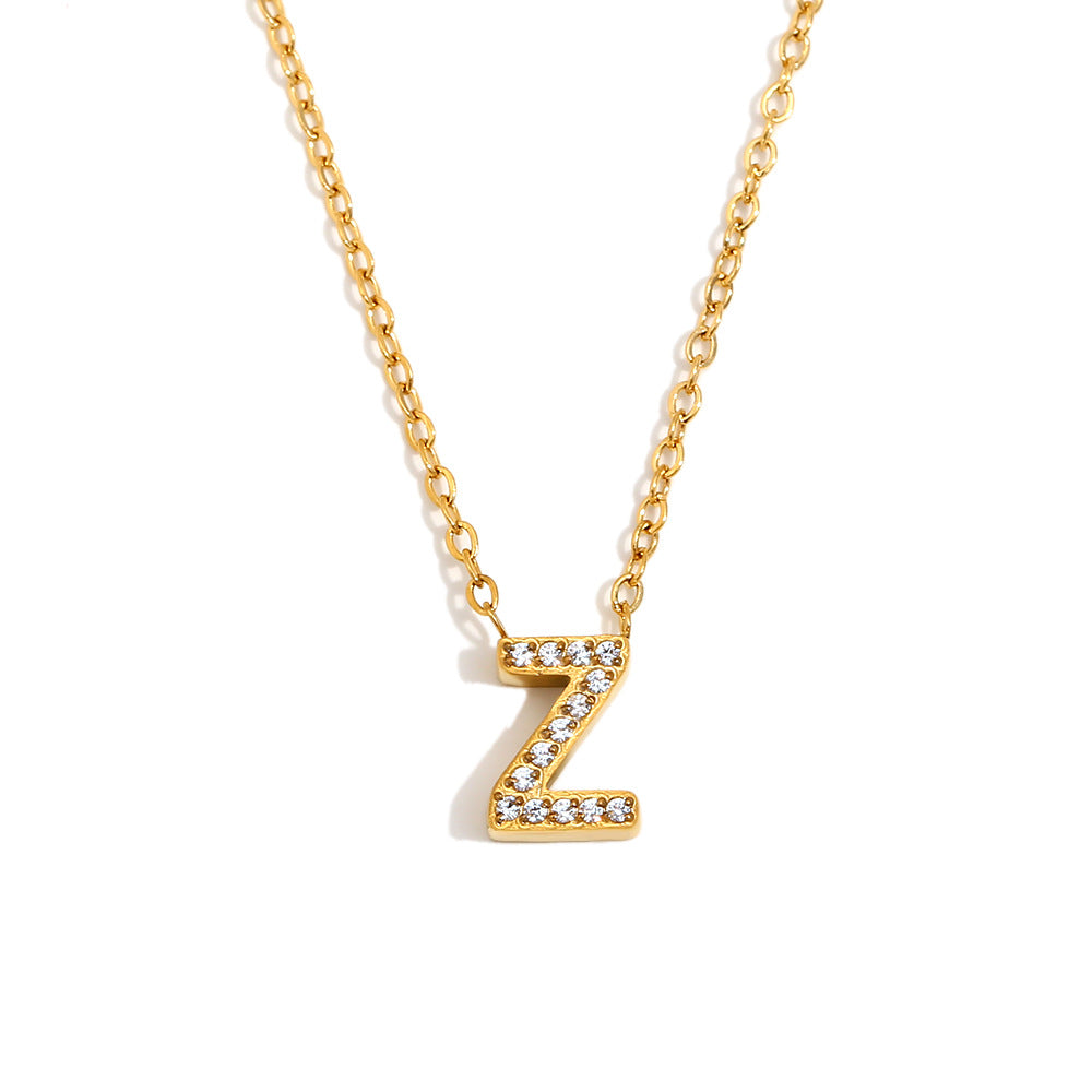 Fashionable And Simple 26 English Letter Pendant Stainless Steel Plated 18K Gold Diamond Small Letter Necklace For Women