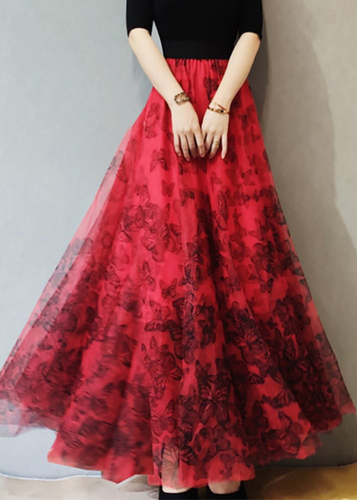 Loose Red Butterfly Elastic Waist Tulle Skirts Summer