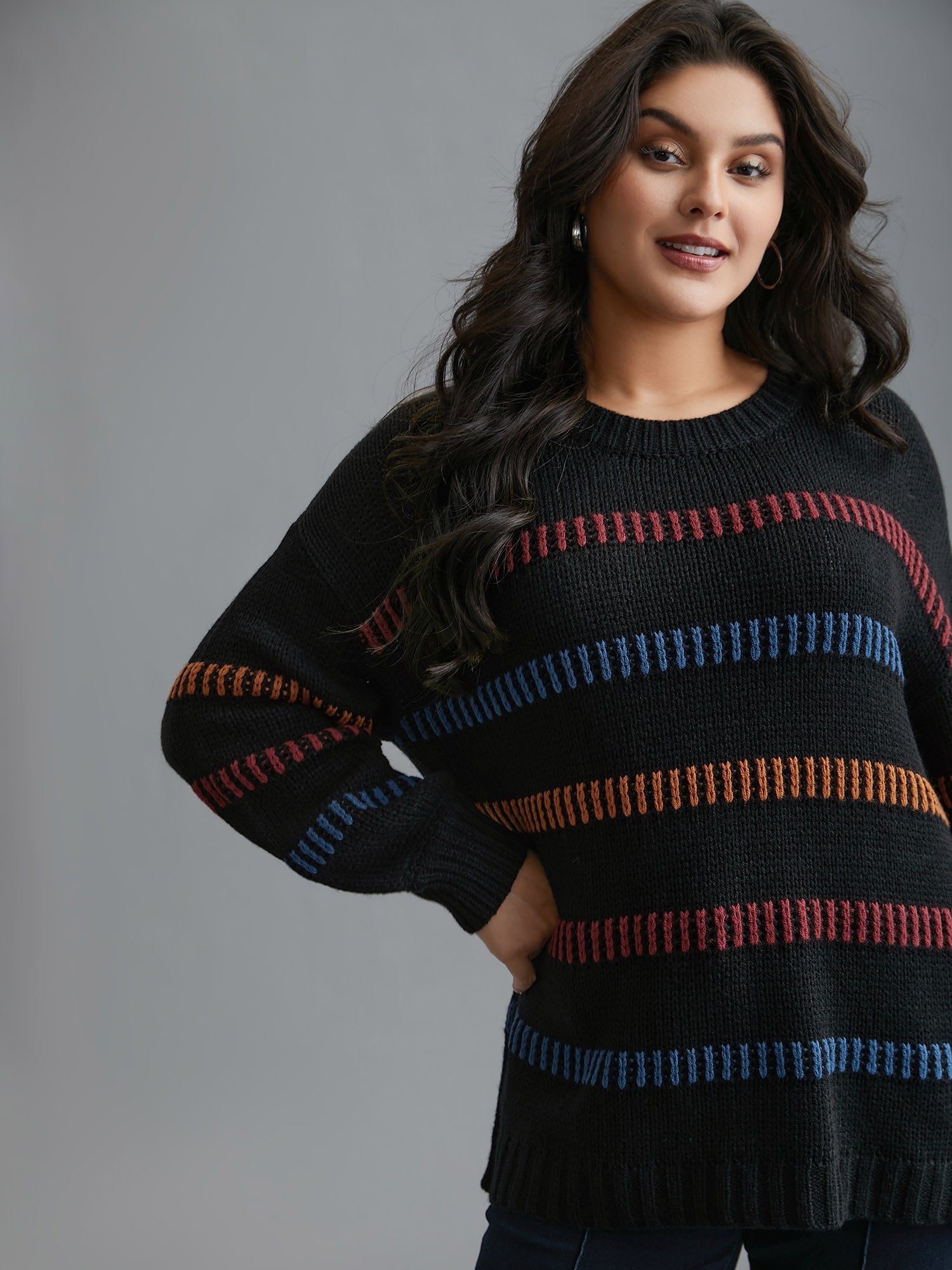 Multi-Color Stripes Textured Crew Neck Pullover