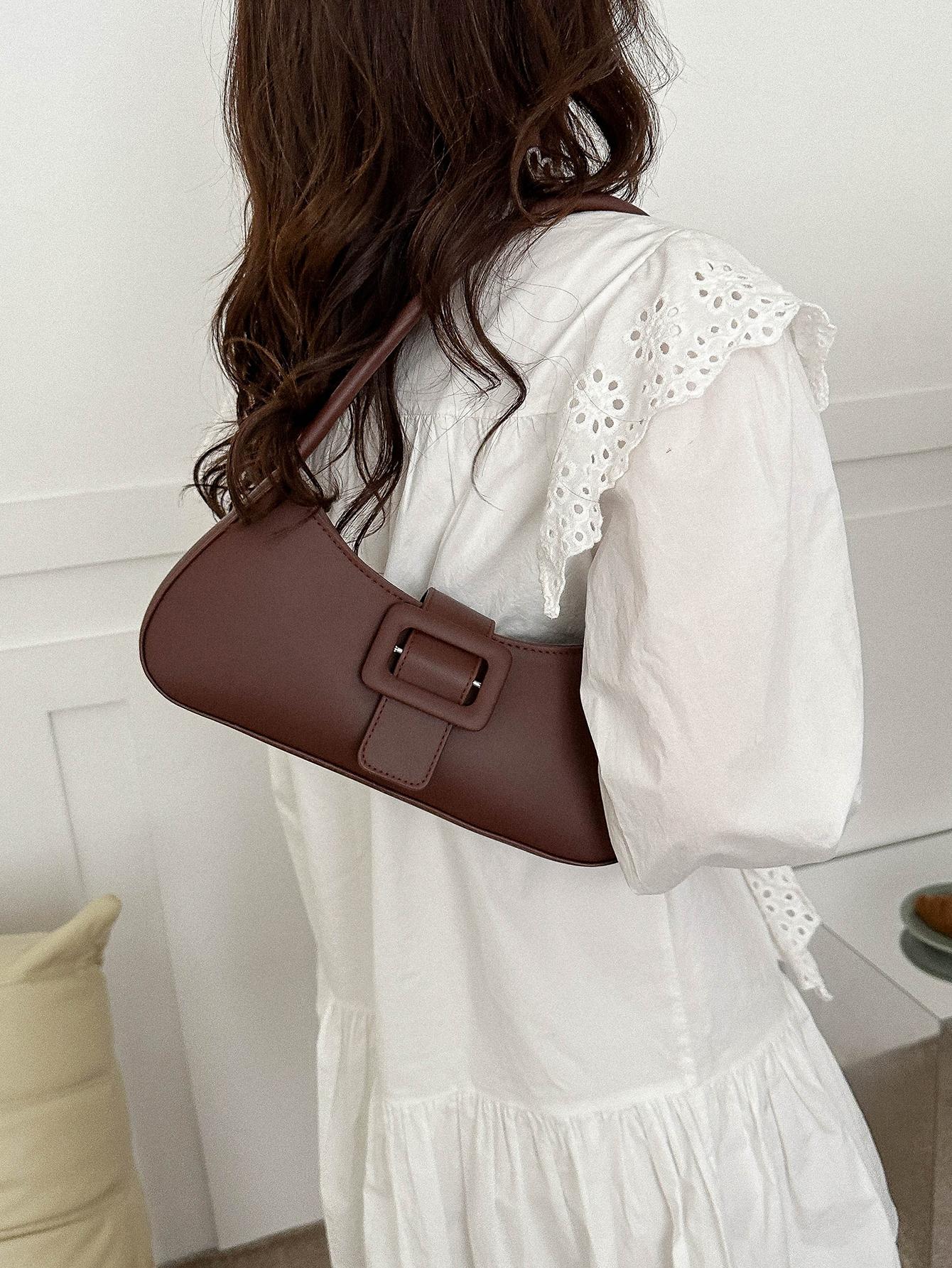 Buckle Decor Bag Solid Color Elegant Style