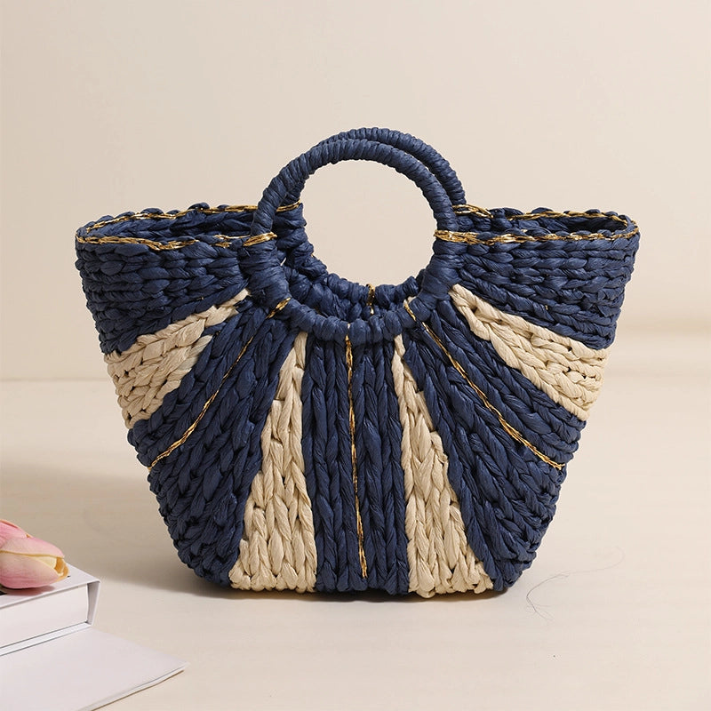 Women's Medium Straw Color Block Vacation Classic Style Weave Bucket Open Straw Bag