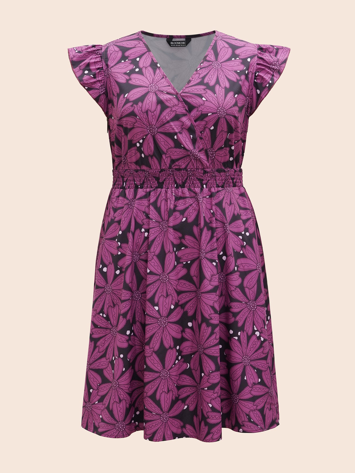 Surplice Neck Floral Shirred Elastic Waist Midi Dress