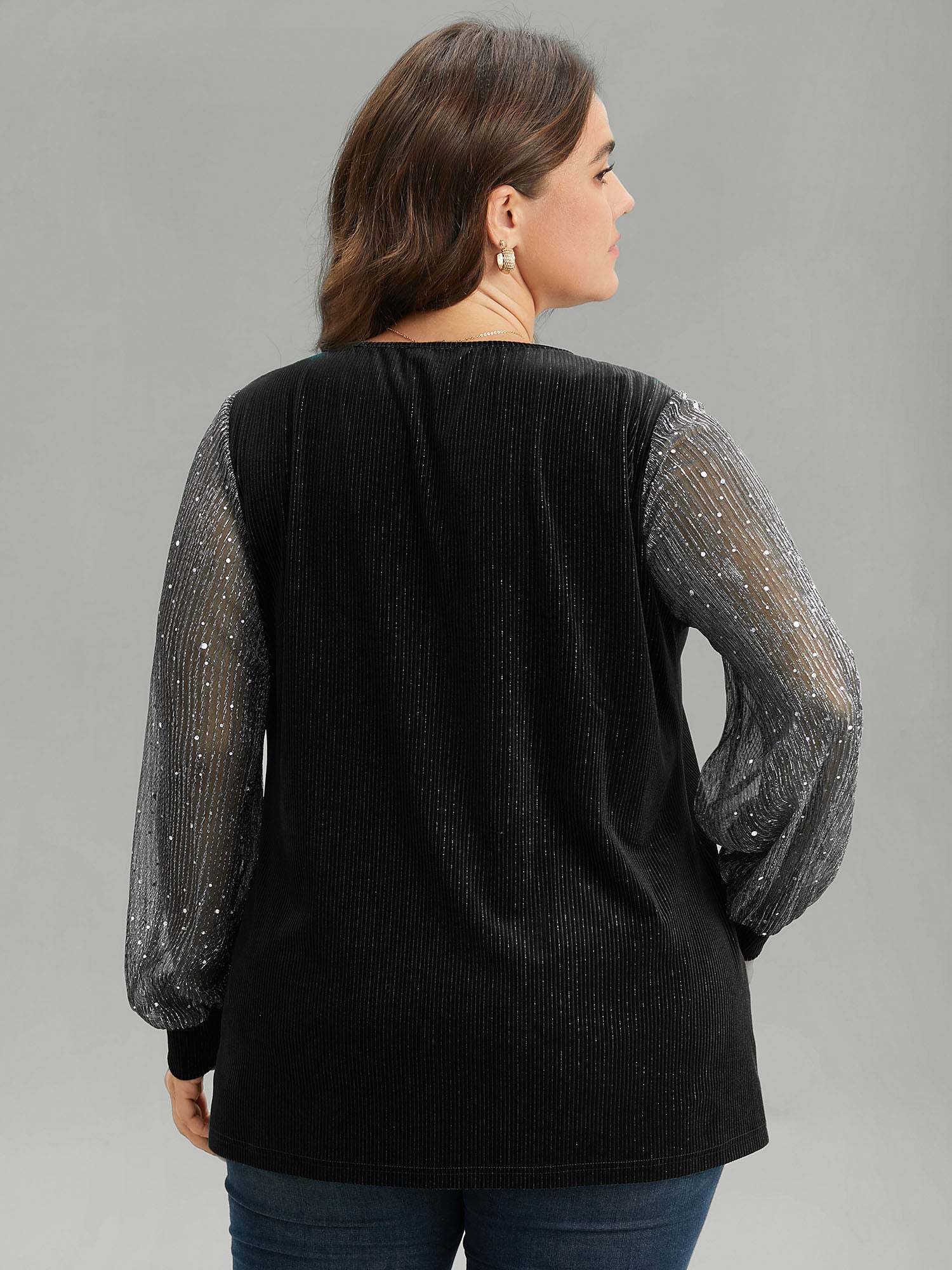 Velvet Patchwork Mesh Sequin Notched T-shirt