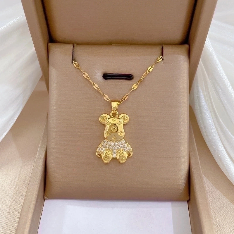 Minimalist Bear Titanium Steel Copper Plating Inlay Zircon Pendant Necklace