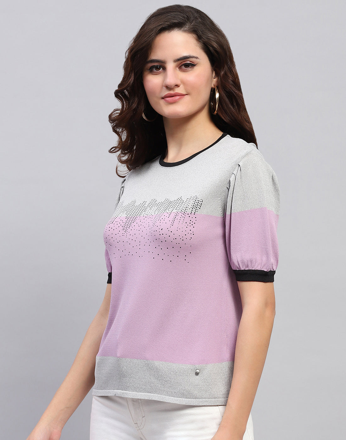 Women Grey Colourblocked Round Neck Half Sleeve Top