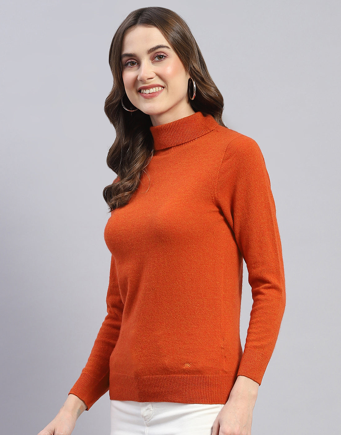 Women Rust Solid H Neck Full Sleeve Sweater