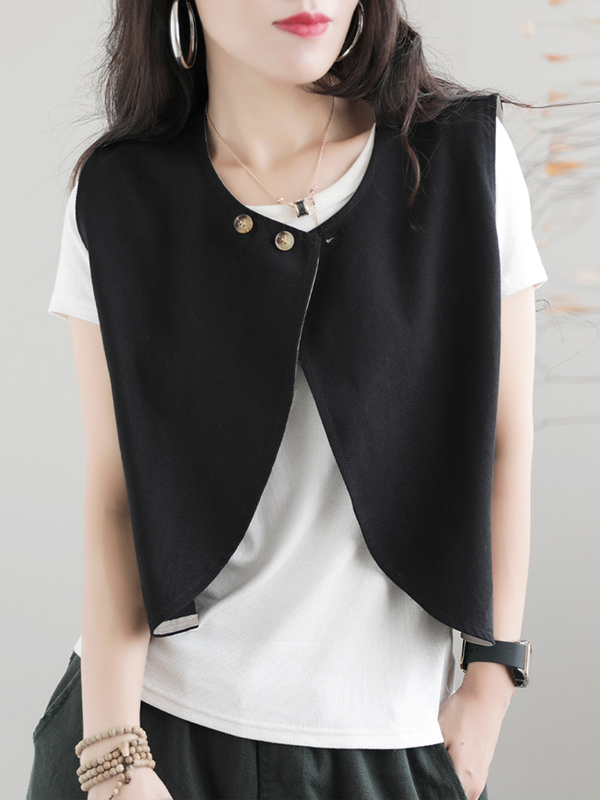 Artistic Retro Loose Sleeveless Solid Color Round-Neck Vest Outerwear