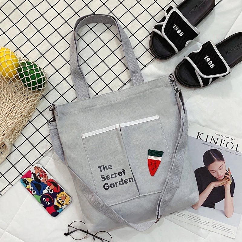 Women's Large Canvas Animal Fruit Basic Zipper Canvas Bag