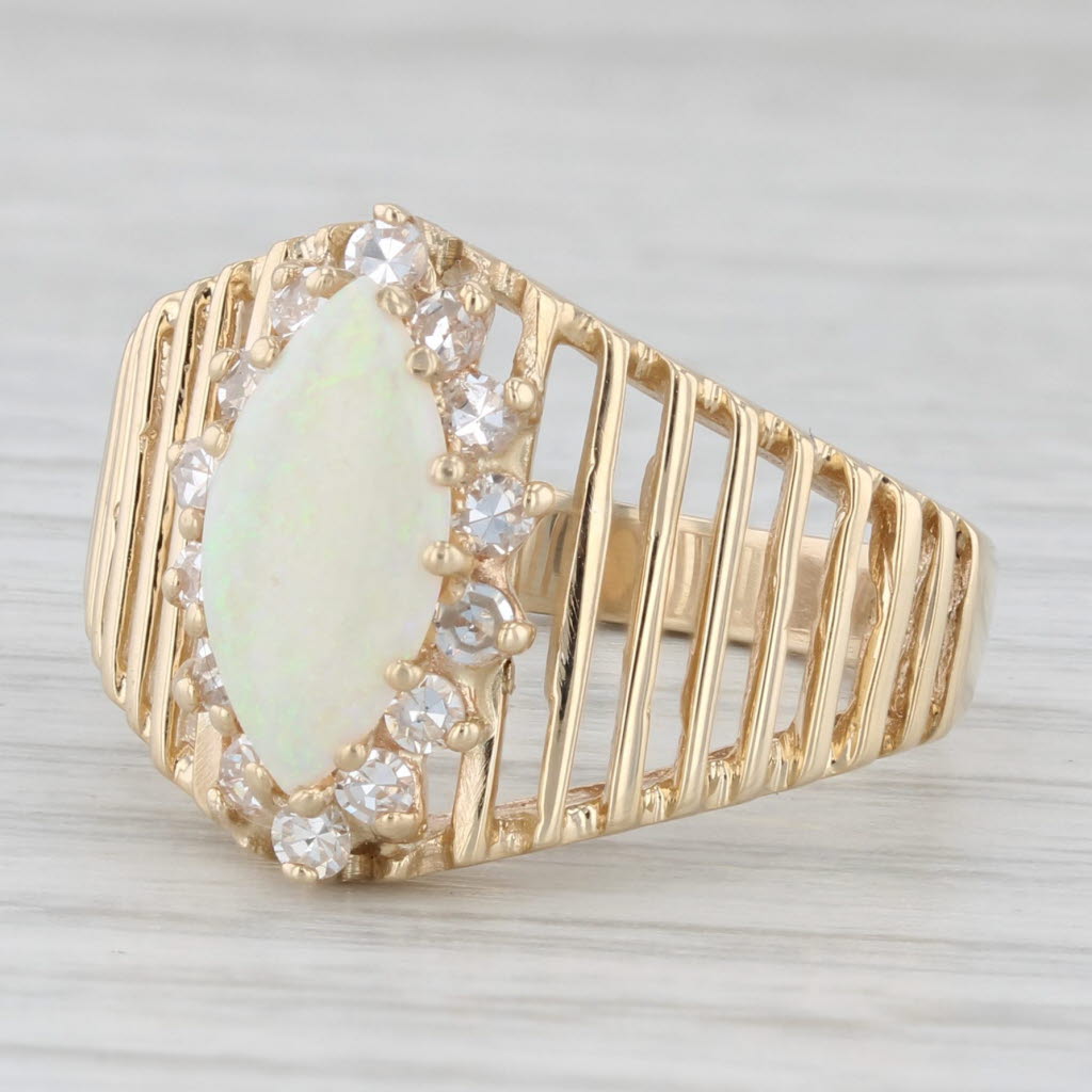 Opal 0.30ctw Diamond Navette Wide Band Ring 14K Yellow Gold Ring Size 8.25