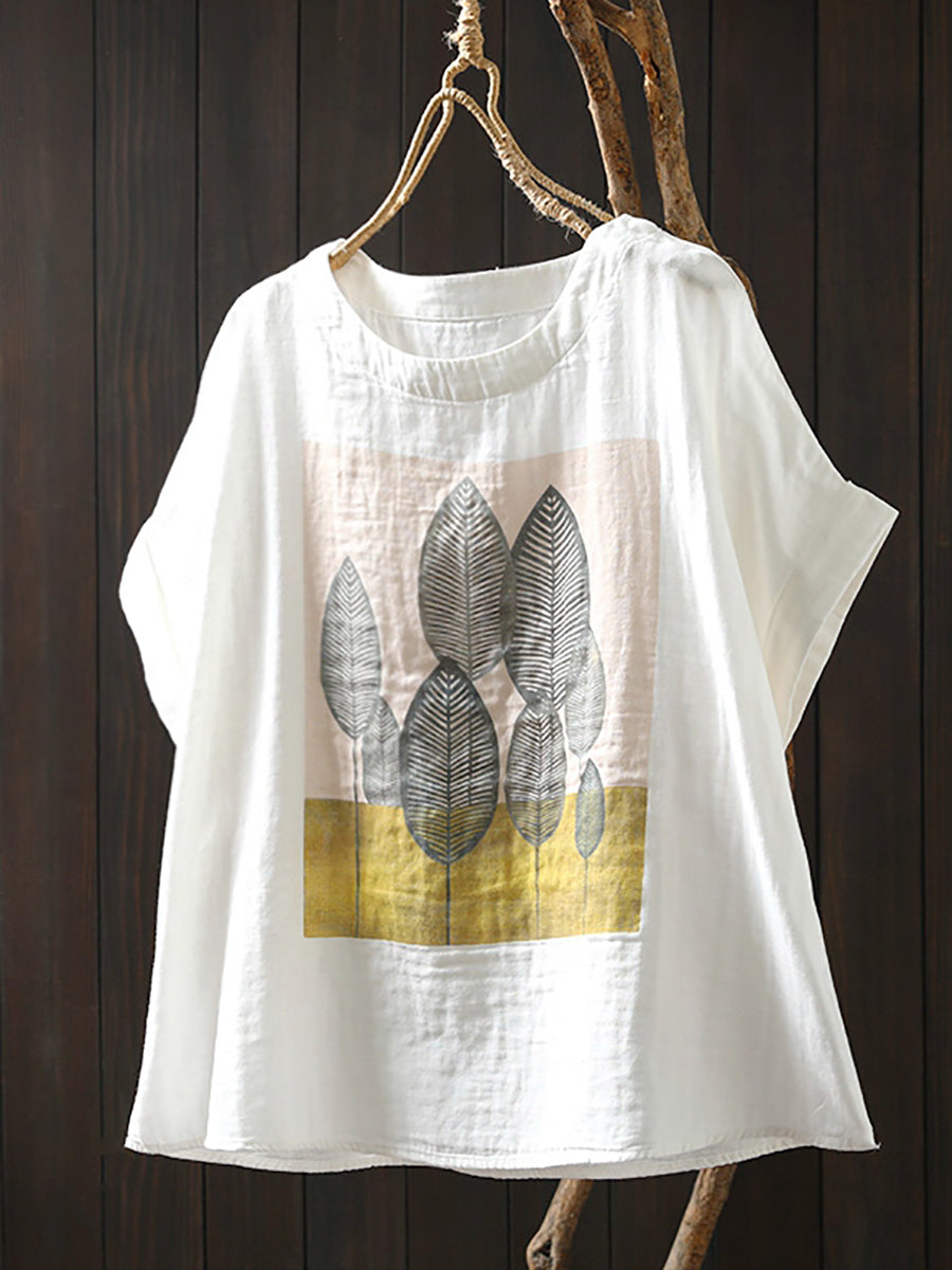 Plus Size Women Summer Casual Print O-Neck Cotton Shirt